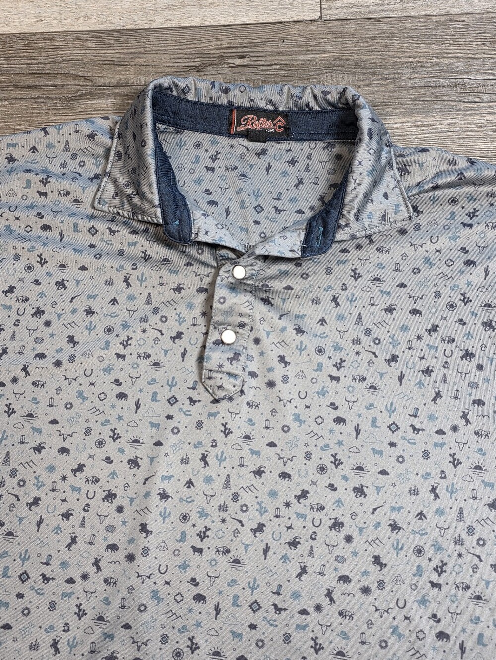 Rafter C Men's Micro Western Crowboy Themed AOP Pearl Snap Polo Sz Lg